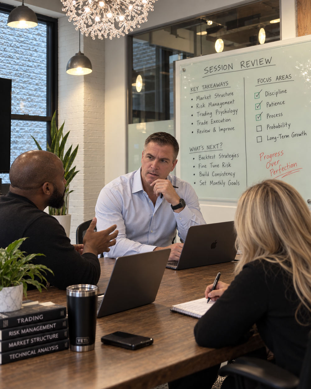 Small-group discussion of trading plans and market analysis