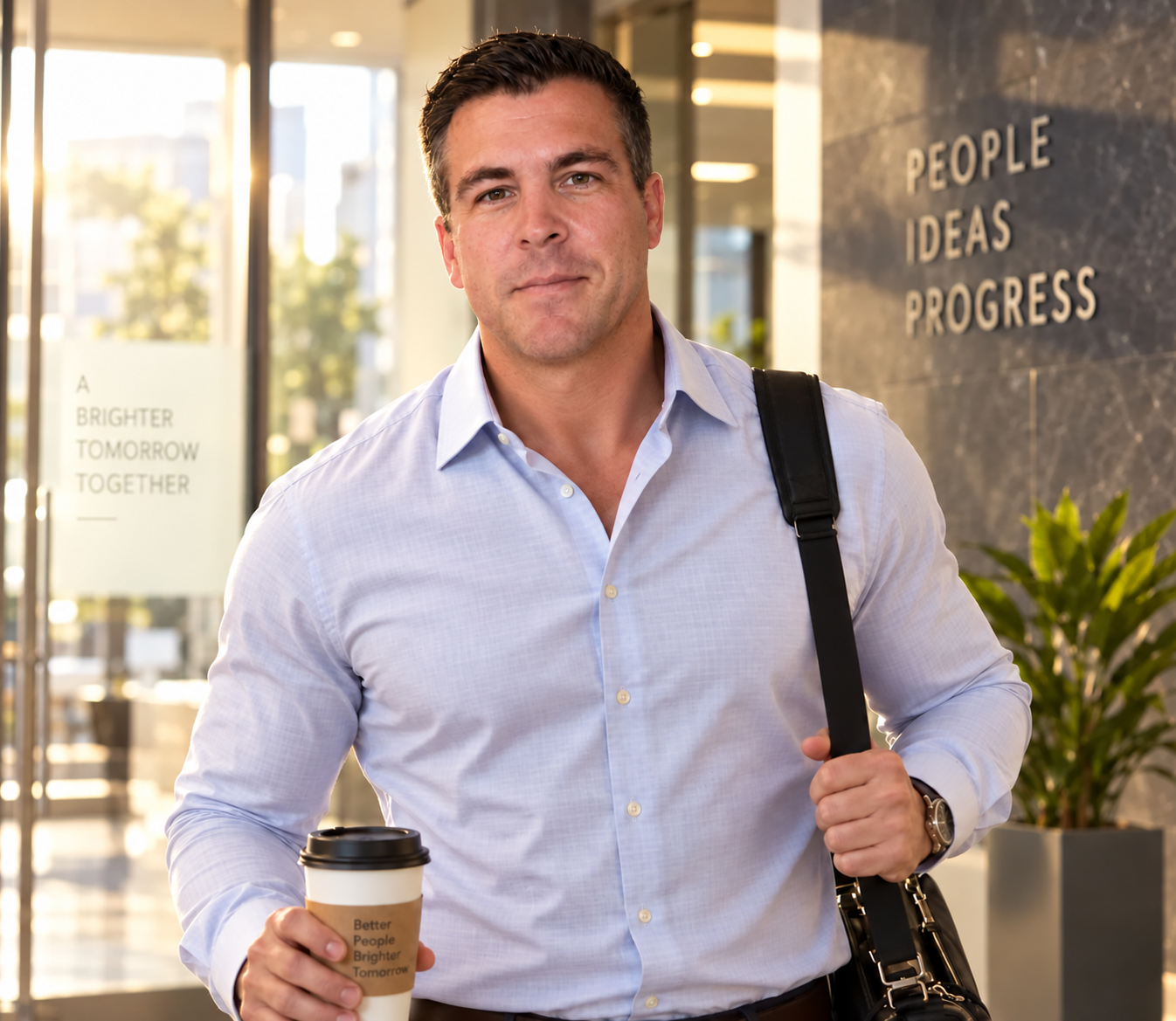 Trading instructor arriving at the office with a coffee and laptop bag