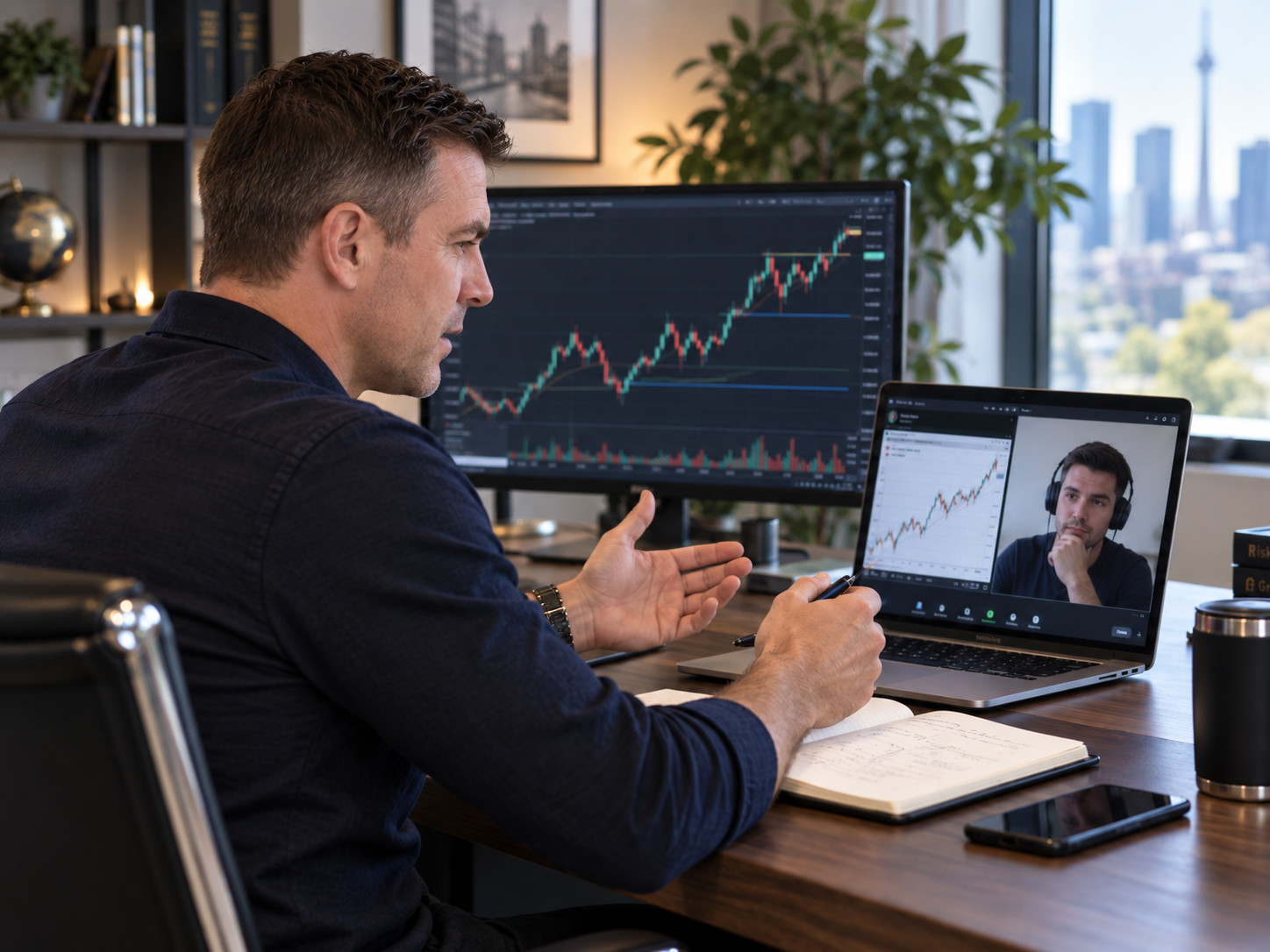 Instructor and student reviewing a trading plan on a laptop