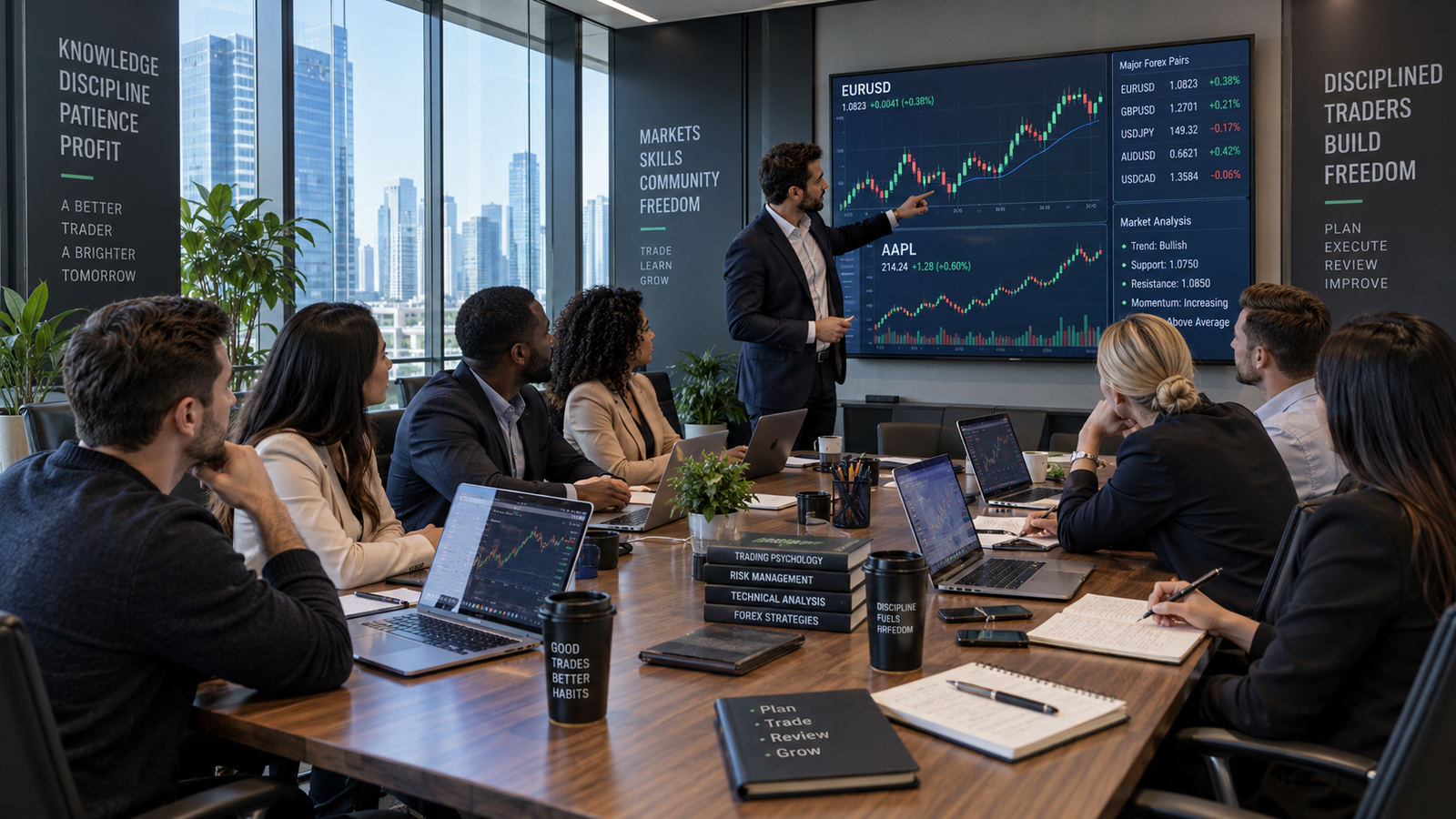 Trading education workshop with a presentation on financial-market charts